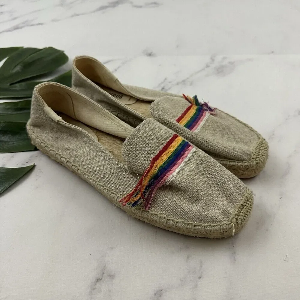 Soludos Womens Pride Flag Embellished Espadrille Flats Size 9.5 Cream Slip On